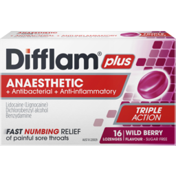 Photo of Difflam Plus Berry Flavour + Anaesthetic Sugar Free Sore Throat Lozenges 16 Pack