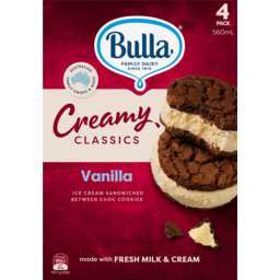 Photo of Bulla Creamy Classics Vanilla Ice Cream Sandwiched By Choc Cookies 4 Pack