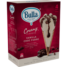 Photo of Bulla Creamy Classic Ice Cream Vanilla Choc Fudge Cones 4 Pack 520ml