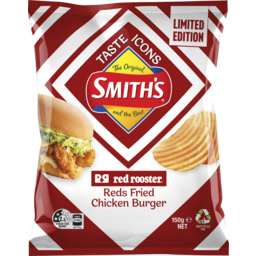 Photo of Smith's Red Rooster Crinkle Cut Potato Chips Reds Fried Chicken Burger 150g 150g