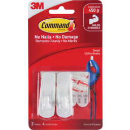 Photo of Command 3m Small Utility Adhesive Hooks Holds 450g 2x Hook 4x Small Strips Single Pack