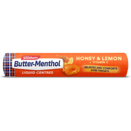 Photo of Butter Menthol Honey & Lemon Liquid Centre Sore Throat Lozenges + Vitamin C 10 Pack 50g