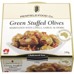 Photo of Penfield Food Co Green Stuffed Olives Marinated With Chilli Garlic & Herbs 190g