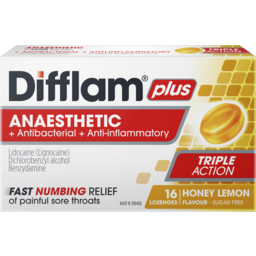 Photo of Difflam Plus Honey & Lemon Flavour + Anaesthetic Sugar Free Sore Throat Lozenges 16 Pack