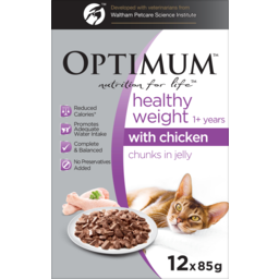 Photo of Optimum Healthy Weight Wet Cat Food With Chicken Chunks In Jelly 12x85g Pouches 12x100g