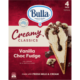 Photo of Bulla Creamy Classic Ice Cream Vanilla Choc Fudge Cones 4 Pack