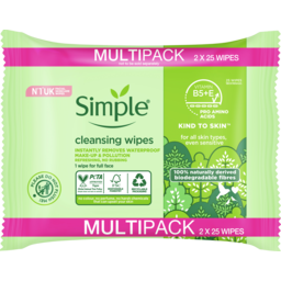 Photo of Simple Kind To Skin Biodegradable Cleansing Wipes With Vit B5, Vit E & Pro Amino Acids 50 Pc