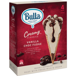 Photo of Bulla Creamy Classics Vanilla Choc Fudge Cones 4pk