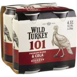 Photo of Wild Turkey 101 Premium Blend Kentucky Staright Bourbon Whiskey & Cola 4 Pack