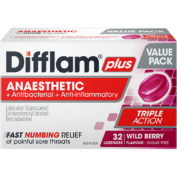Photo of Difflam Plus Triple Action Wild Berry Anaesthetic Antibacterial + Anti Inflammatory Lozenges 32 Pack