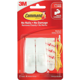 Photo of Command 3m Medium Utility Adhesive Hooks Holds 1kg 2x Hooks 4x Medium Strips 2 Pack