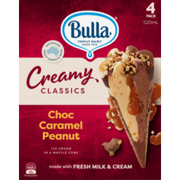 Photo of Bulla Creamy Classics Choc Caramel Peanut Ice Cream Cones 4 Pack 520ml