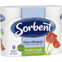 Photo of Sorbent Hypoallergenic Double Length Toilet Tissue 9pk