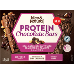 Photo of Nice & Natural Protein Chocolate Bars Dark Chocolate Cranberries Peanuts Almonds
