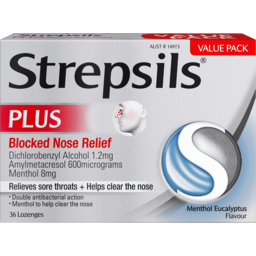 Photo of Strepsils Plus Blocked Nose Relief Menthol Eucalyptus Flavour Lozenges 36 Pack