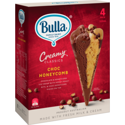 Photo of Bulla Creamy Classic Ice Cream Choc Honeycomb Cones 4 Pack 520ml