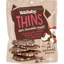 Photo of Wallaby Thins Dark Chocolate Snack Stacked With Roasted Almonds Coconut + Cranberries Gluten Free 130g