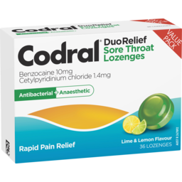 Photo of Codral Sore Throat Relief Lozenges Antibacterial + Anaesthetic Lime & Lemon 36 Pack