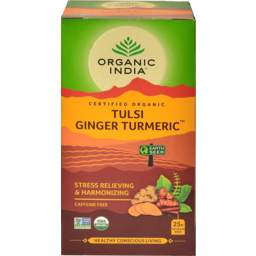 Photo of Organic India Tulsi Ginger Tumeric Stress Relieving & Harmonizing Caffeine Free Infusion Tea Bags 25 Pack 47.5g