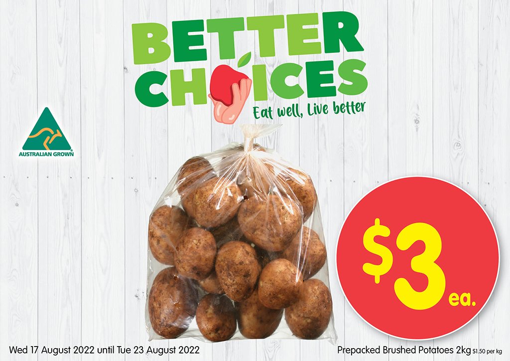 Image of Prepacked Brushed Potatoes 2kg at $3.00 each