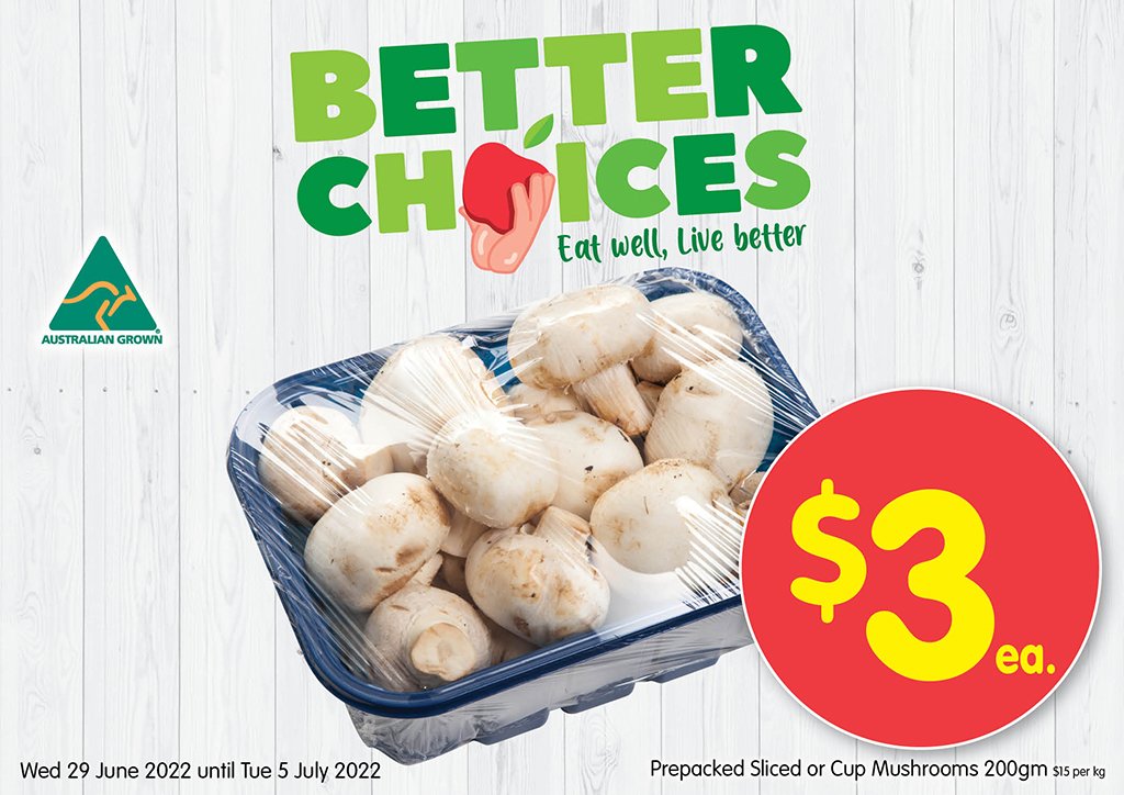 Image of Prepacked Sliced or Cup Mushrooms Punnet 200gm at $3.00 each