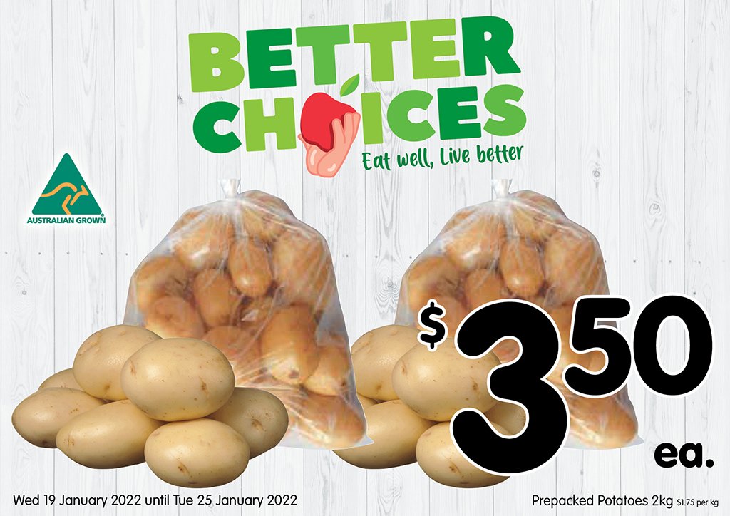 Image of pre-packed washed potatoes 2kg at $3.50 each