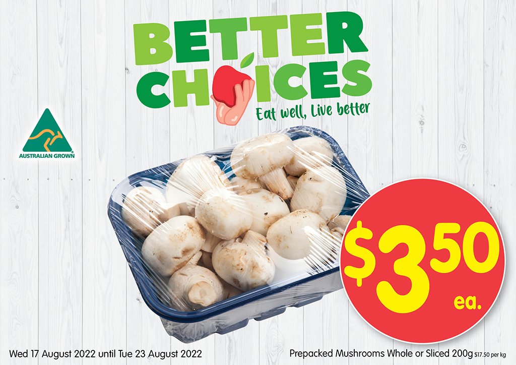 Image of Prepacked Mushrooms Whole or Sliced 200gm at $3.50 each