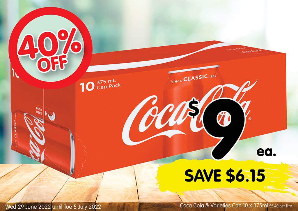 Image of Coca Cola & Varieties Can 10 x 375ml at $9.00 each