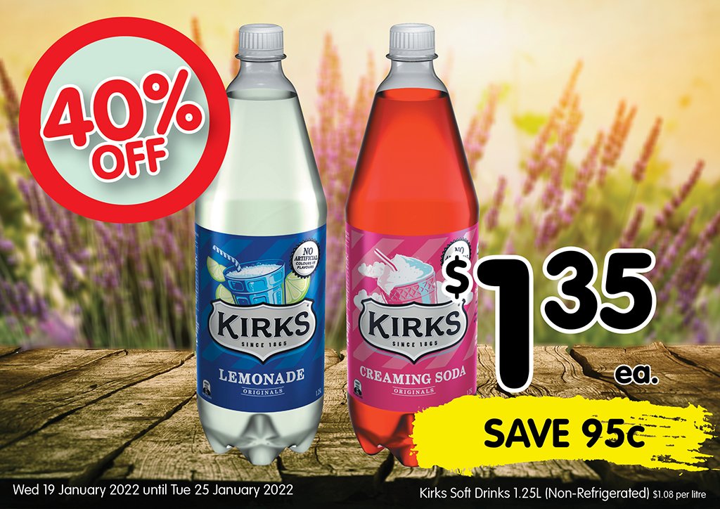 Image of Kirks Soft Drinks 1.25l (non-refrigerated) at $1.35 each