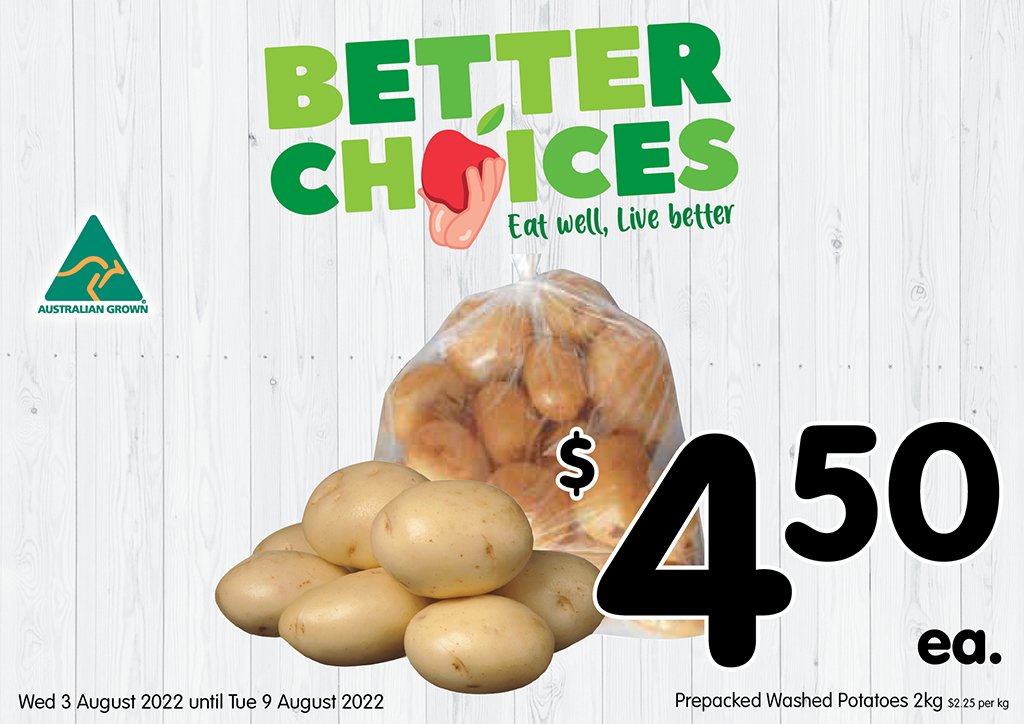 Image of Prepacked Washed Potatoes 2kg at $4.50 each