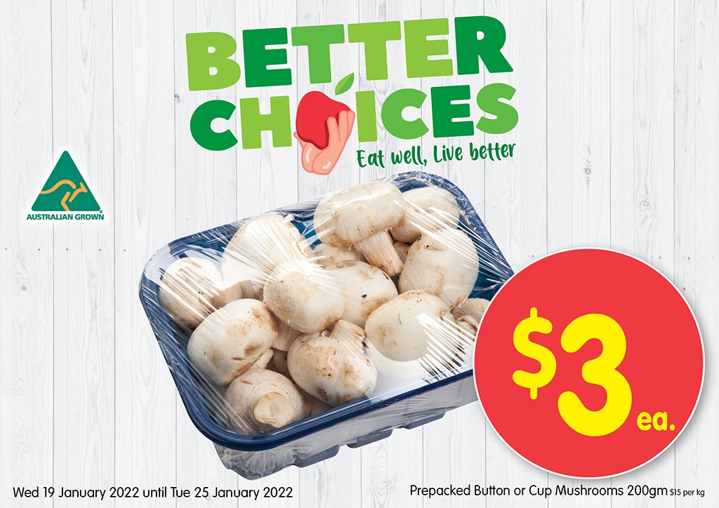 Image of Prepacked Button or Cup Mushrooms 200gm at $3.00 each