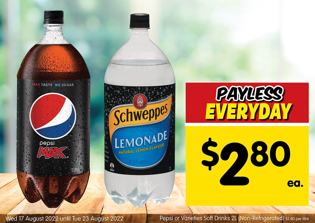 Image of Pepsi or Varieties Soft Drinks 2L (Non-Refrigerated) at $2.80 each 
