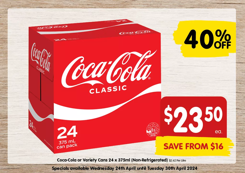 Coca-Cola or Varieties Cans 24 x 375ml (Non-Refrigerated) at $23.50 each