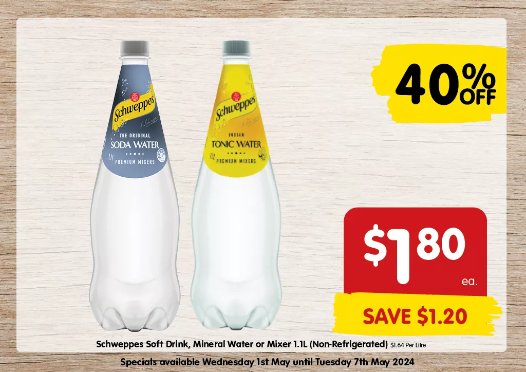 Schweppes Soft Drink, Mineral Water or Mixer 1.1L (Non-Refrigerated) at $1.80 each