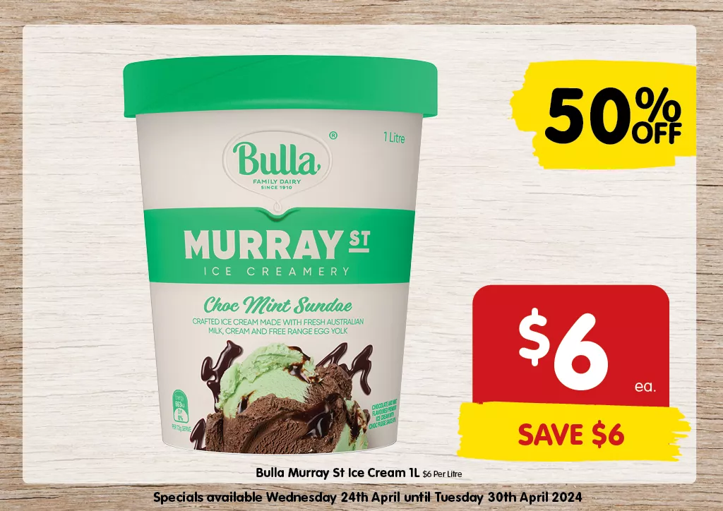 Bulla Murray St Ice Cream 1L at $6 each
