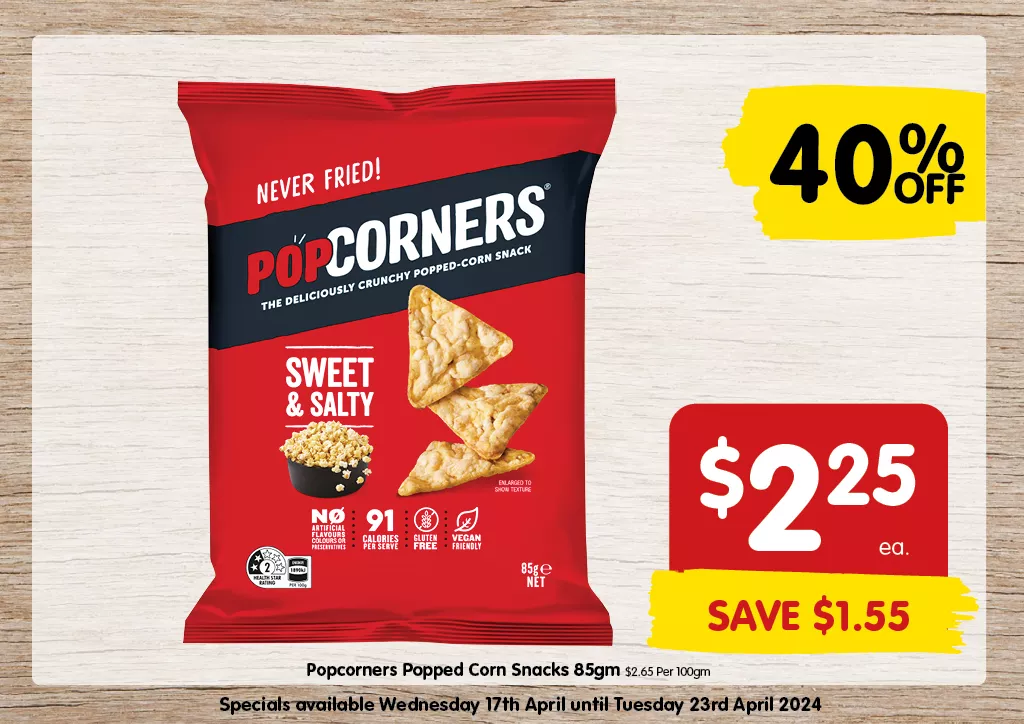 Popcorners Popped Corn Snacks 85gm at $2.25 each
