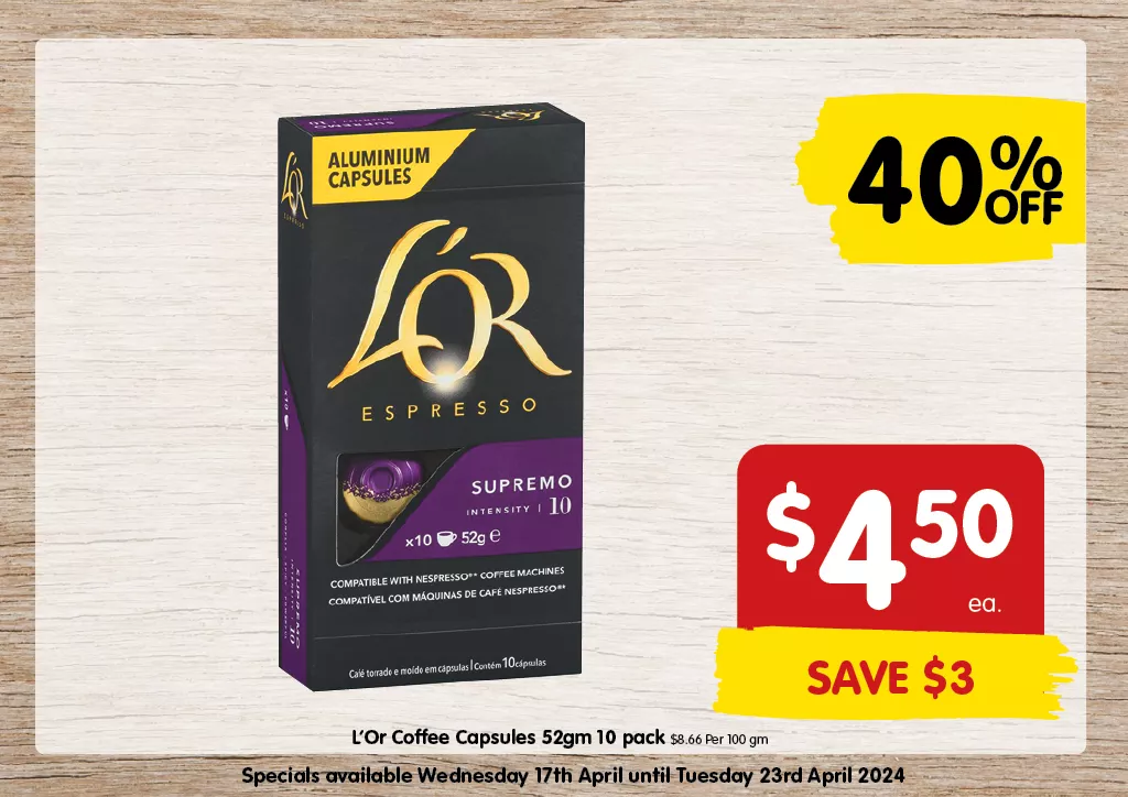 L'Or Coffee Capsules 52gm 10 pack at $4.50 each