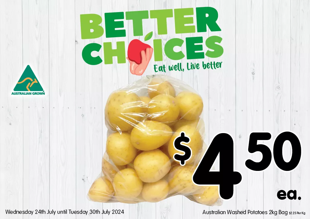 Australian Washed Potatoes 2kg Bag at $4.50 each 