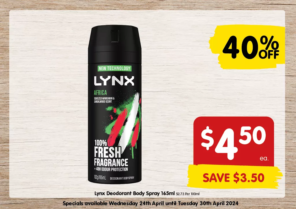 Lynx Deodorant Body Spray 165ml at $4.50 each