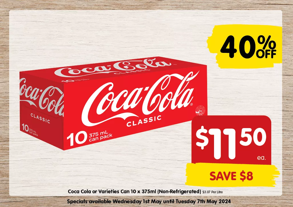 Coca Cola or Varieties Can 10 x 375ml (Non-Refrigerated) at $11.50 each