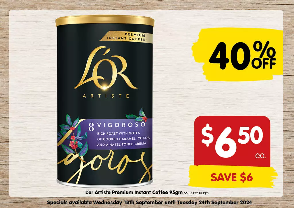 L'Or Artiste Premium Instant Coffee 95gm at $6.50 each