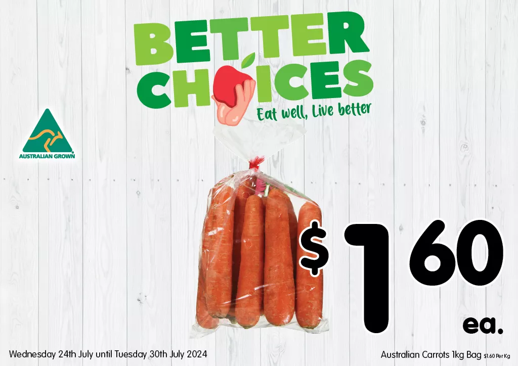 Australian Carrots 1kg Bag at $1.60 each