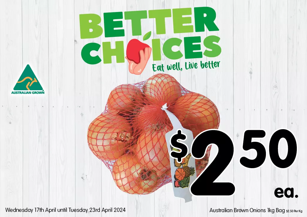 Australian Brown Onions 1kg Bag at $2.50 each