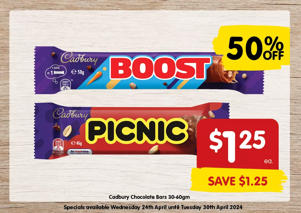 Cadbury Chocolate Bars 30-60gm at $1.25 each 