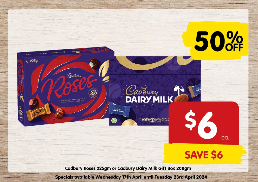 Cadbury Roses 225gm or Cadbury Dairy Milk Gift Box 200gm at $6 each