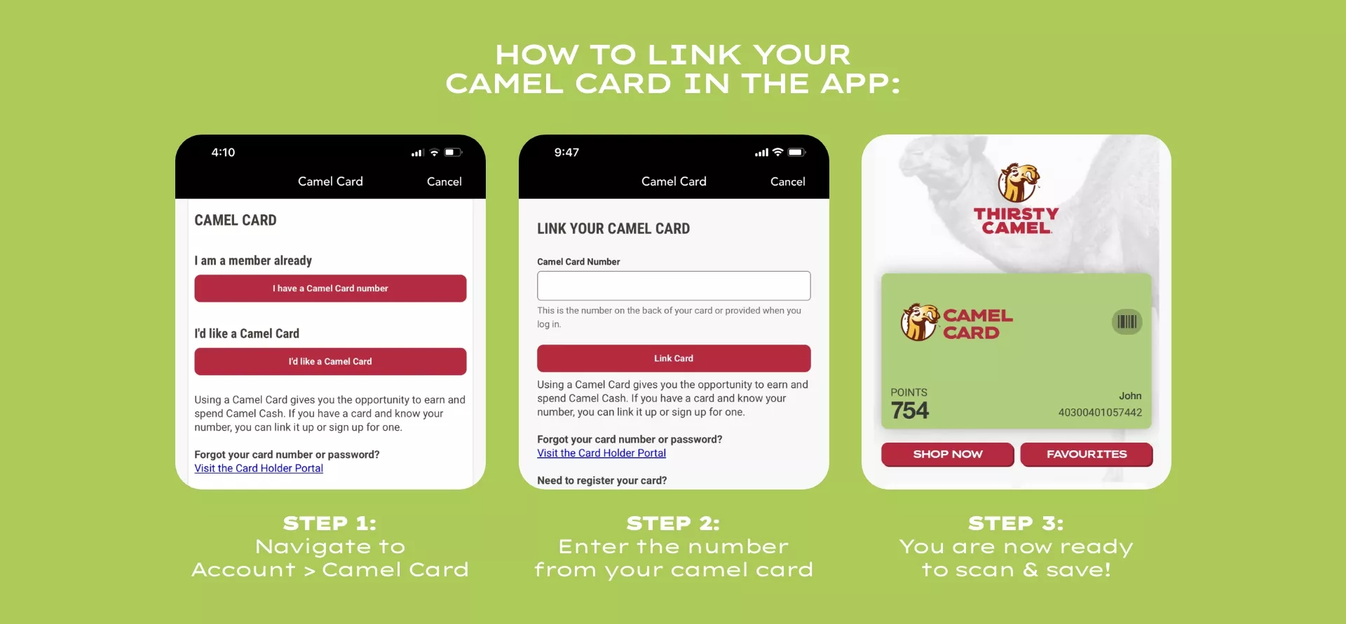 how to link your camel card in the app