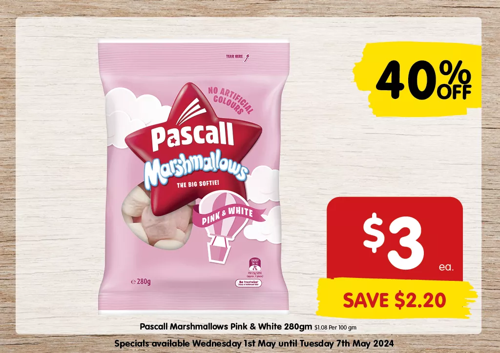 Pascall Marshmallows Pink & White 280gm at $3 each