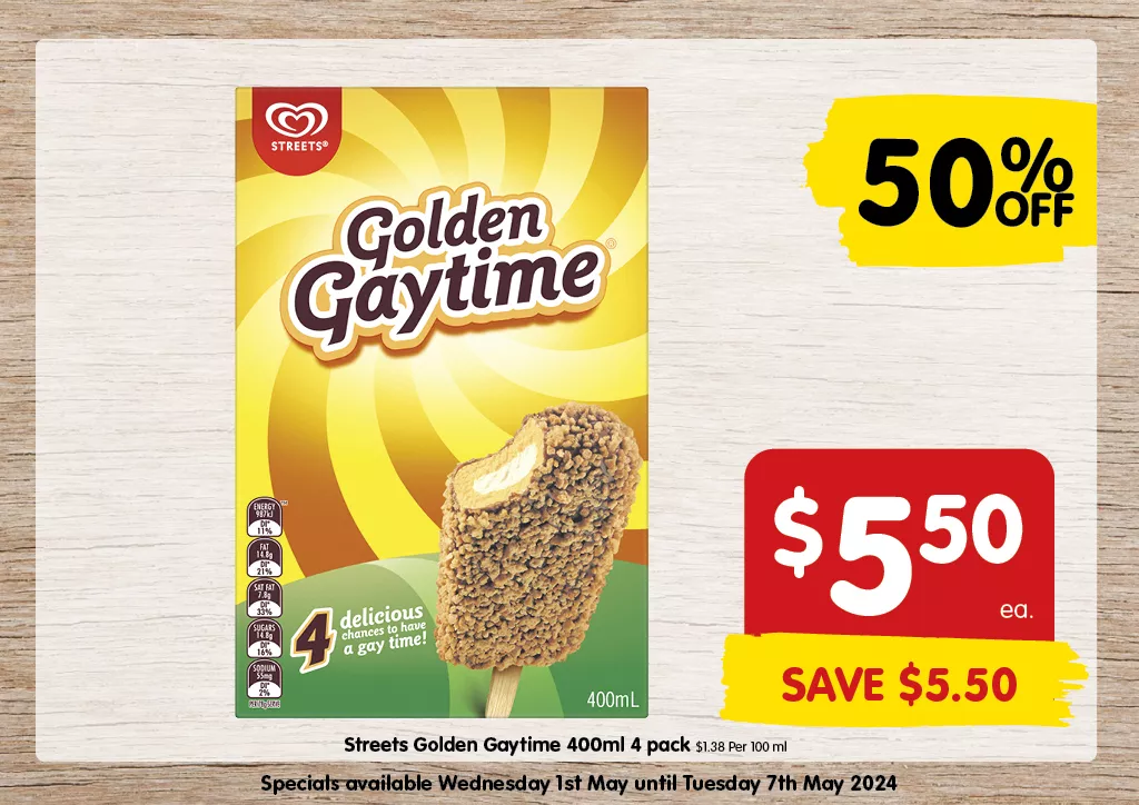 Streets Golden Gaytime 400ml 4 pack at $5.50 each 