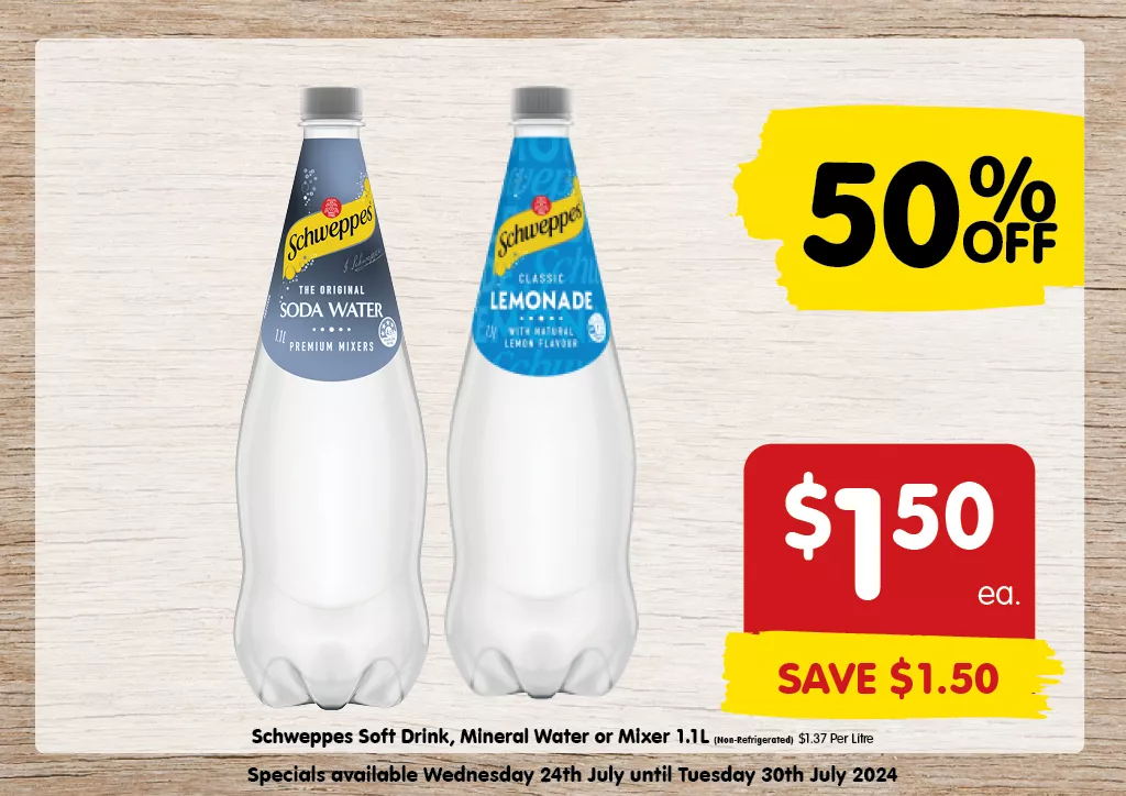 Schweppes Soft Drink, Mineral Water or Mixer 1.1L (Non-Refrigerated) at $1.50 each