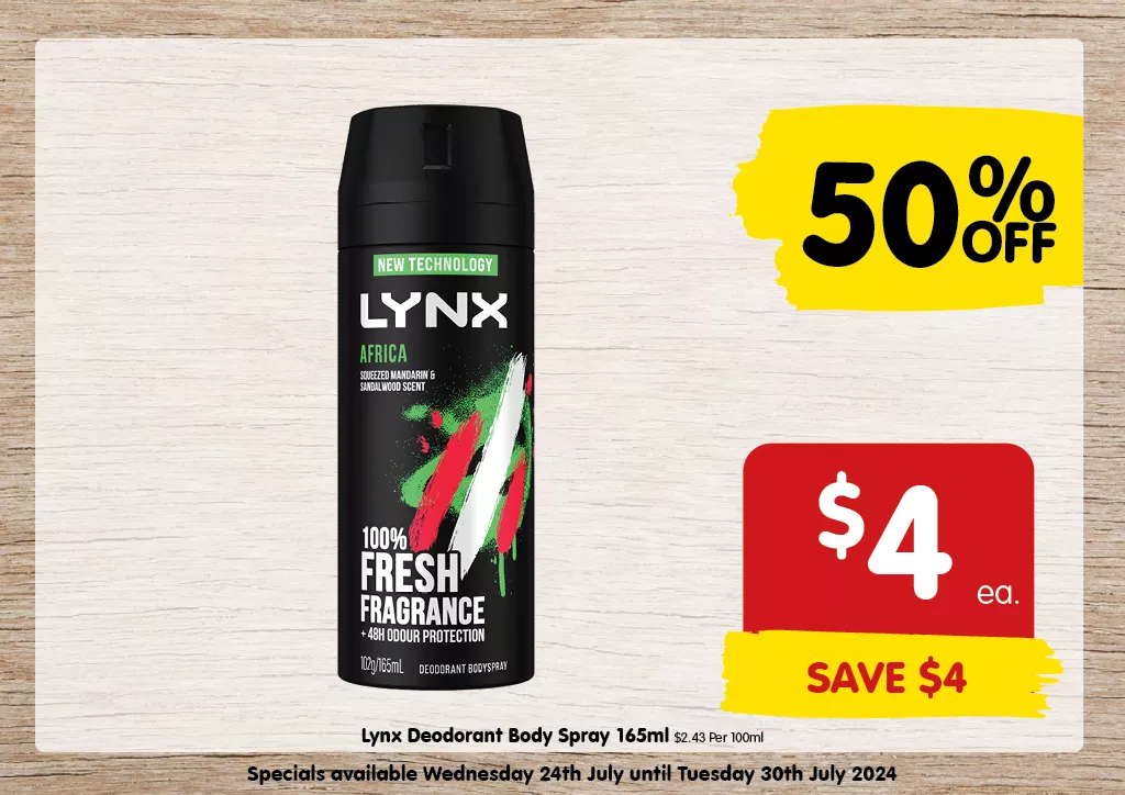 Lynx Deodorant Body Spray 165ml at $4 each